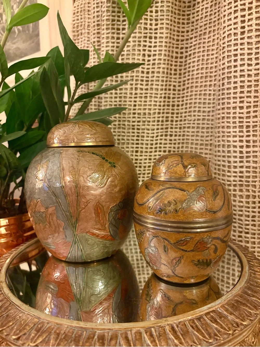 Pair of Vintage Hand-Painted Cloisonné Ginger Jars